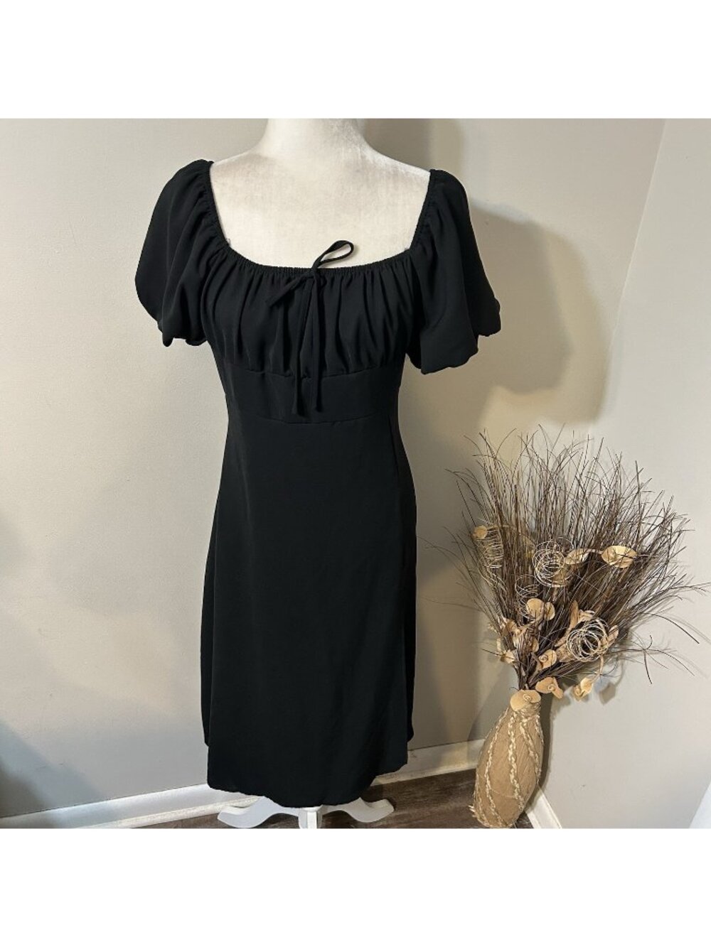 SHEIN Women Black Tie Square Neck Midi A-line Dress Front Slit Puff Sleeves Sz L